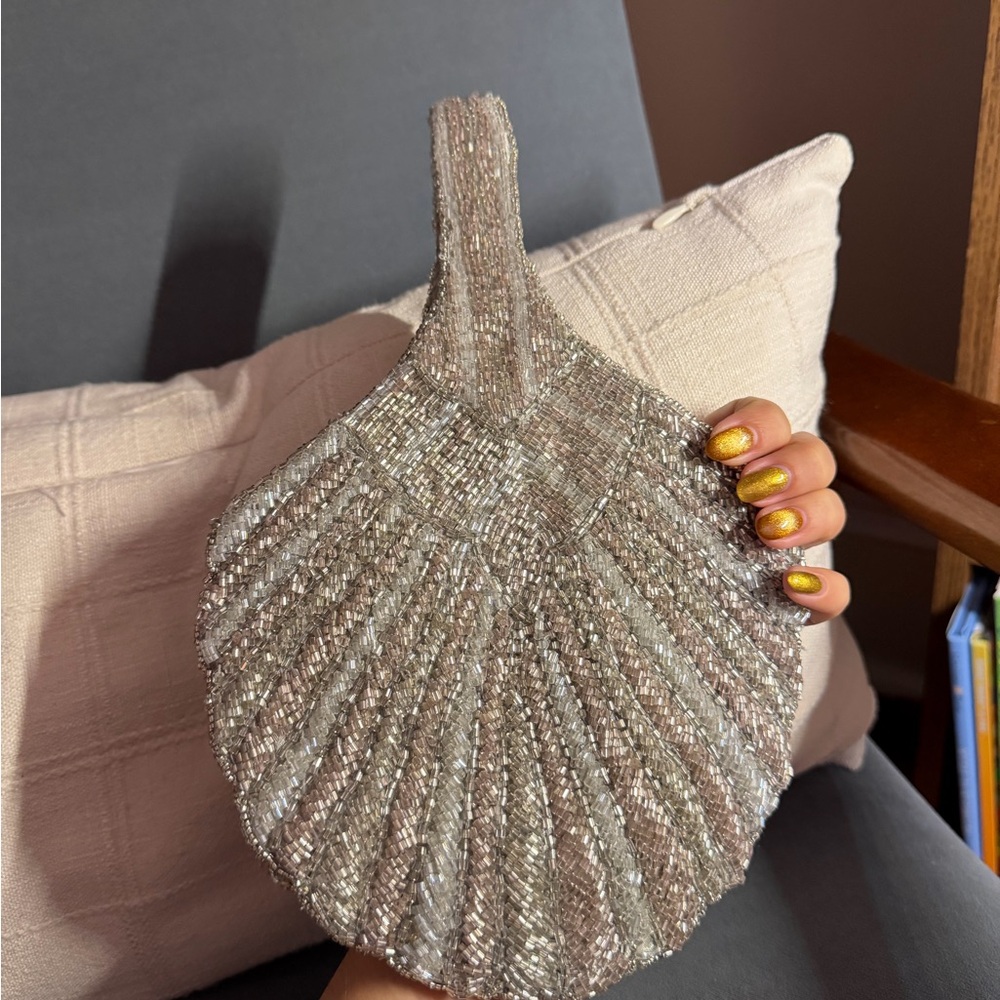 Silver Beaded Shell Clutch